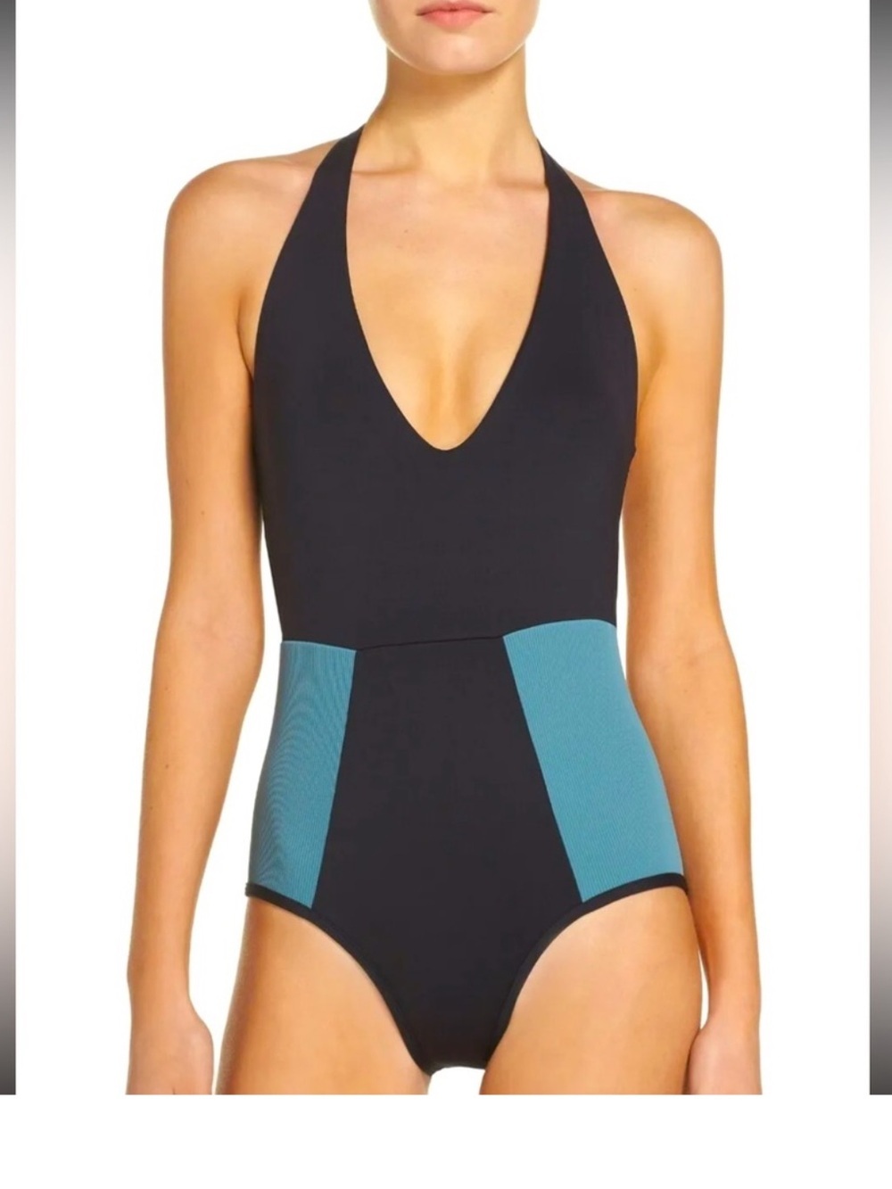 l*space Black Teal Plunge Halter One-Piece Swimsuit size 8 beachwear summer